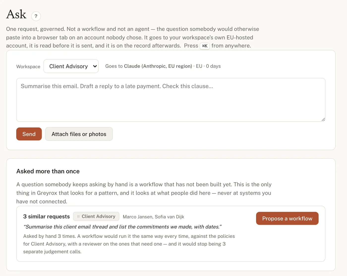 The Ask screen in Greyrox: a request box, a proposal to turn three similar requests into a workflow, and the record of requests with who asked, the account used and the cost.